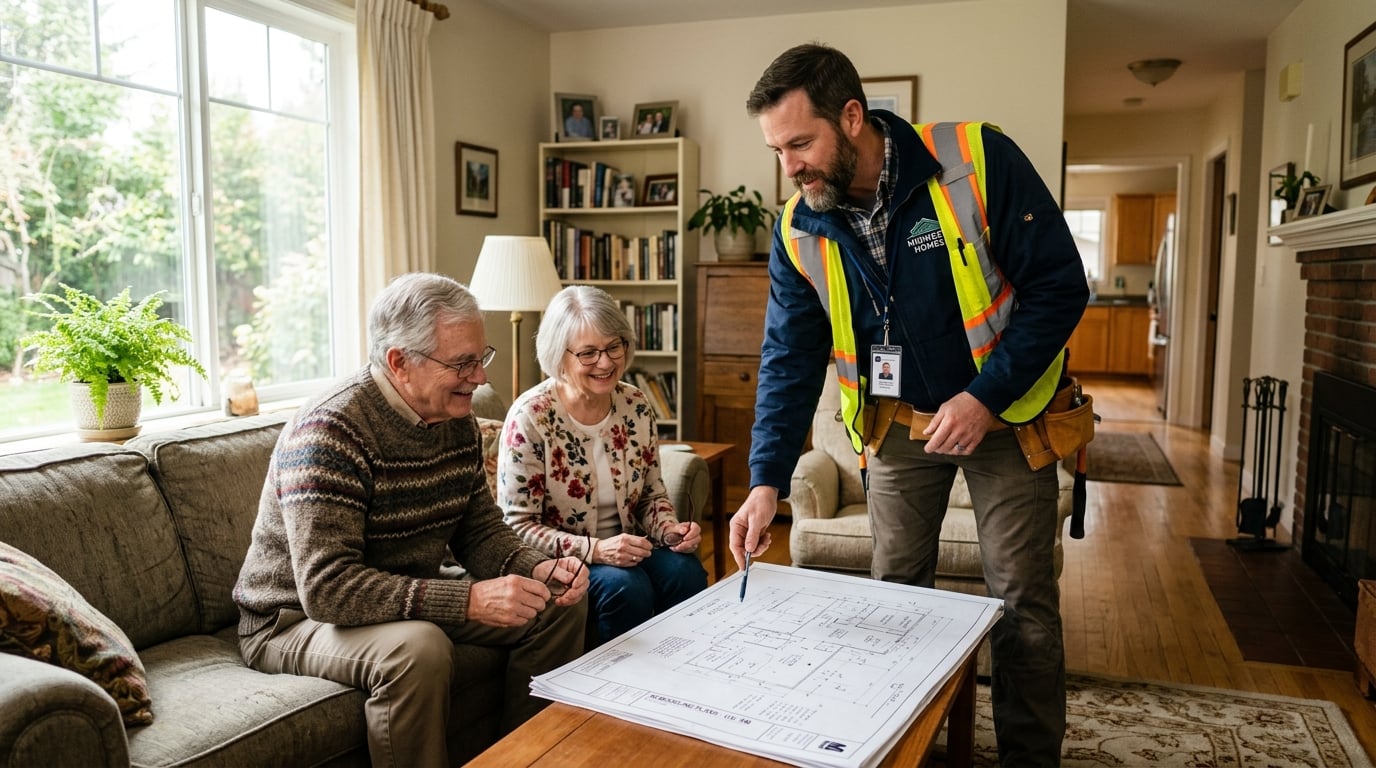 Professional contractor reviewing home modification plans with a senior homeowner