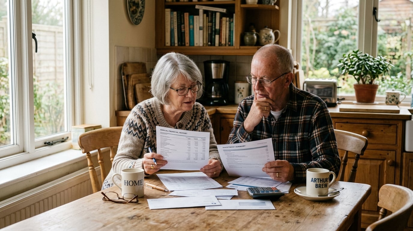 Elderly couple reviewing financial documents for home renovation planning