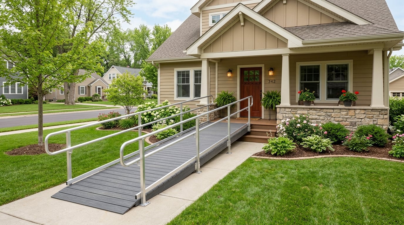 Residential wheelchair ramp with handrails leading to the front door of a home